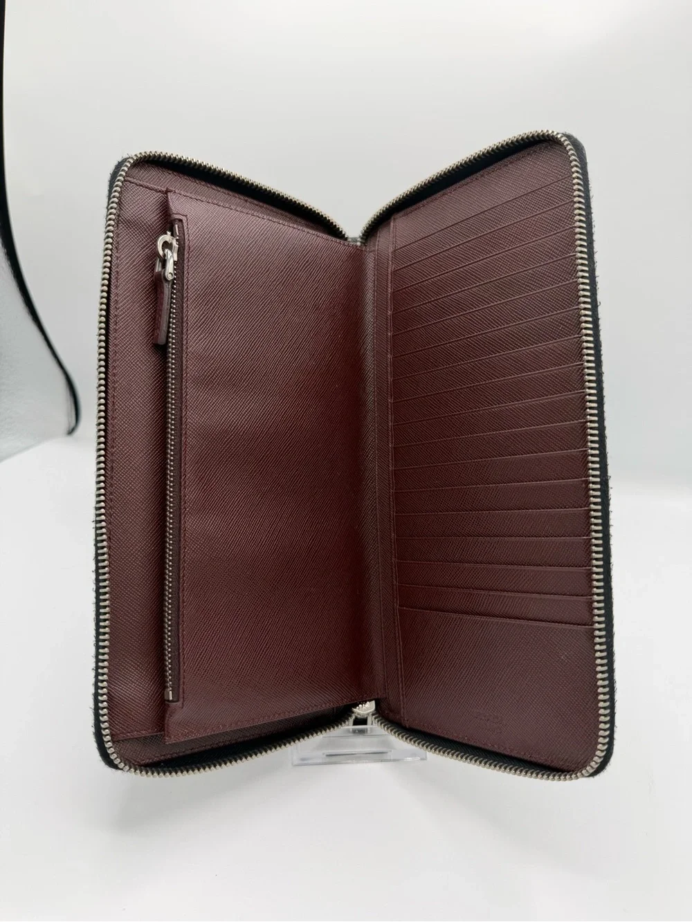 Prada Organizer Saffiano Leather Zip Around Travel Wallet Black